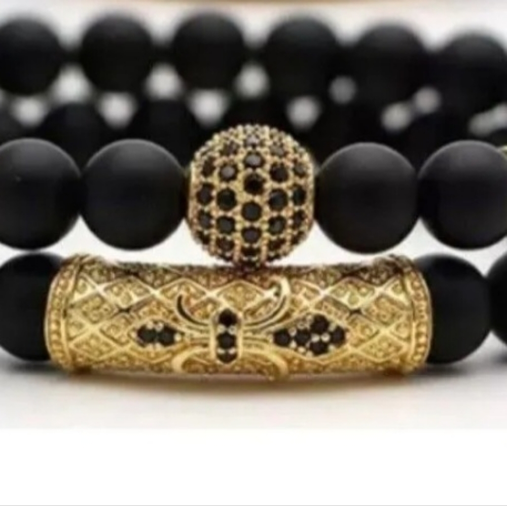 NWT Men's Black and Gold Stone Pave Charm Bracelet Set Cbc Zirconia 2 pc.